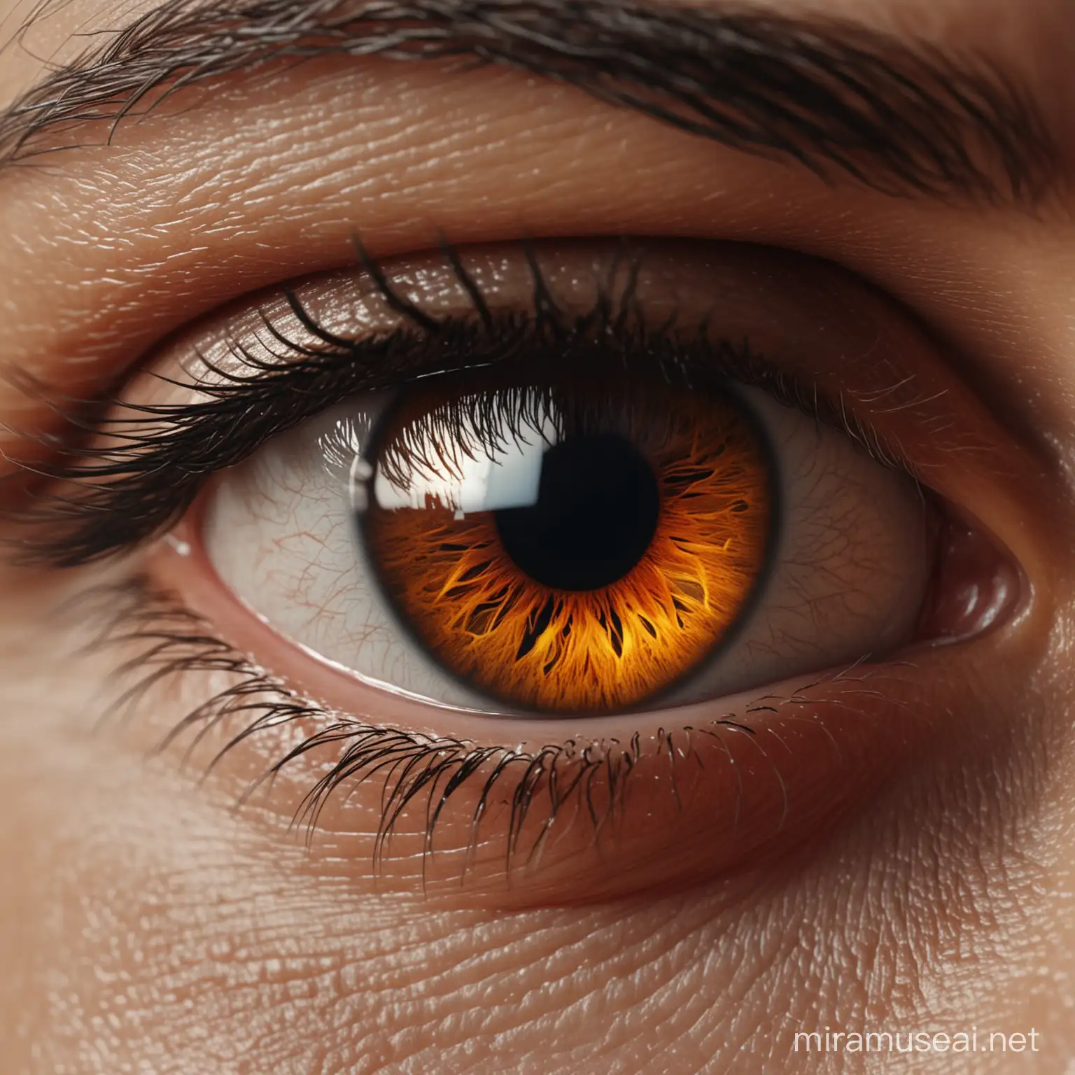 a close up detail of a fierce fiery eye looking into the camera. reflection of may people, 
hyper realistic, 8k