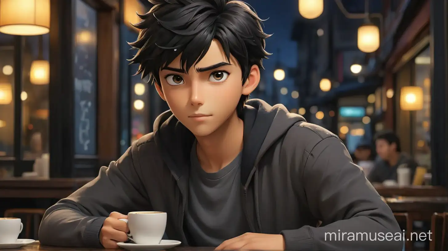 Late one night, handsome anime young boy, sitting and relaxing enjoying coffee, black hair, modern clothes, cafe background with a relaxed atmosphere, simple full color, high quality, lively eyes, dark, gloomy, dark color, natural eyes, hd, hyper realistic,