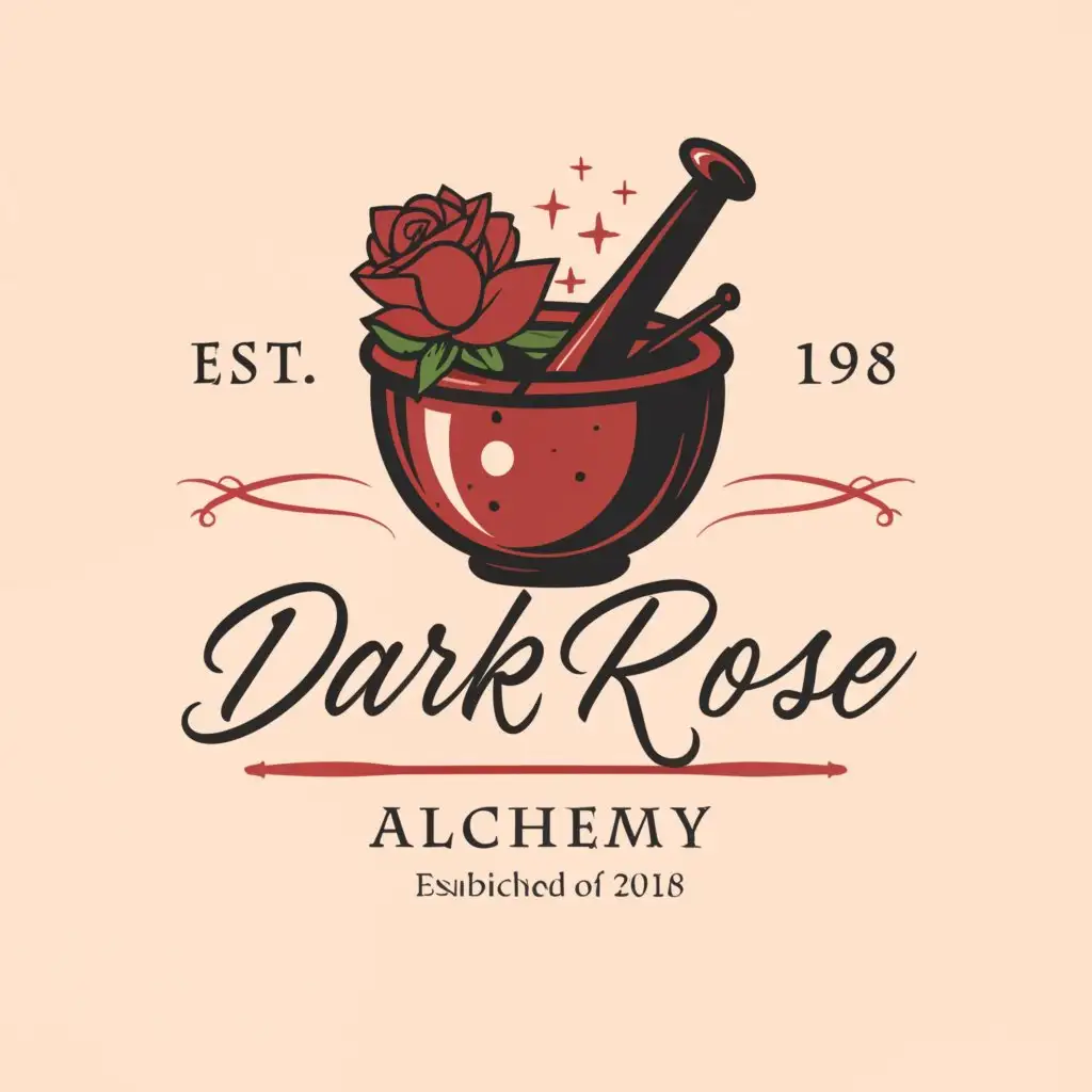 a logo design,with the text 'Dark Rose Alchemy' as the company name curved over the top of the graphic, and 'Home Brewed Magic' as the slogan at the bottom, main symbol:mortar and pestle+rose, Moderate,be used in witchcraft industry,clear background, goth aesthetic, Est 2018