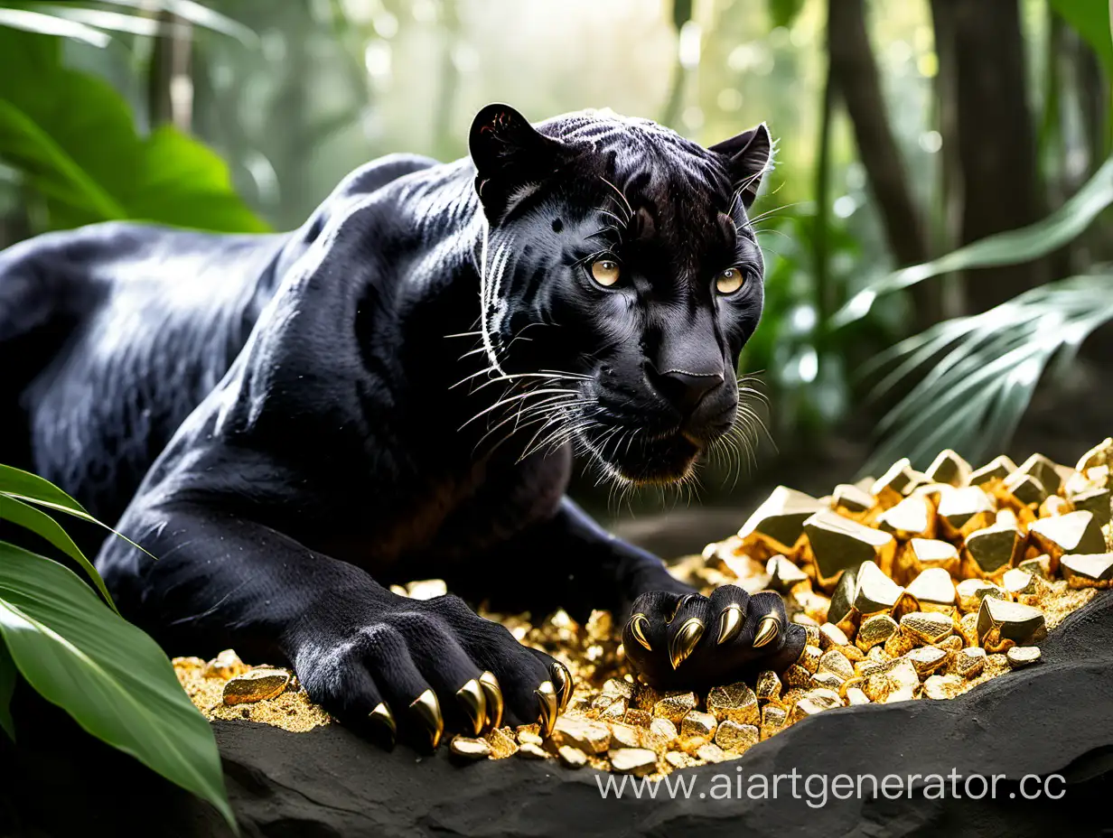 Majestic-Black-Panther-Roaming-Jungle-Amidst-Glittering-Gold-Nuggets