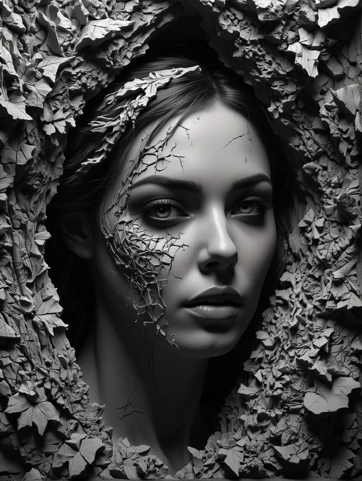 Create a 4k white 3d intricate stone art of a beautiful, sexy and stunning face of a British woman in gothic style in a deep dark black uneven broken cave, matt finish, dynamic lighting 