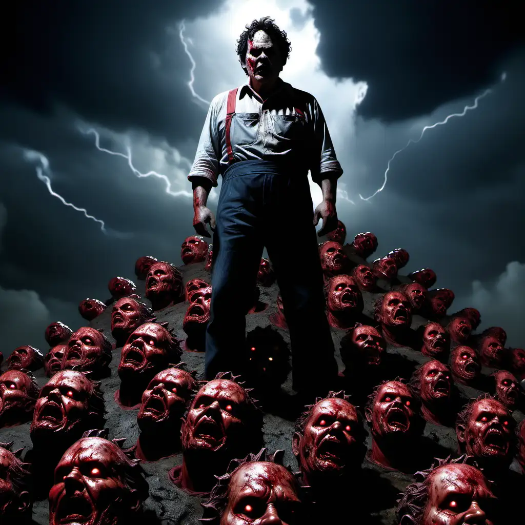 Leatherface standing on a mound of human heads in the darkness with red lightning