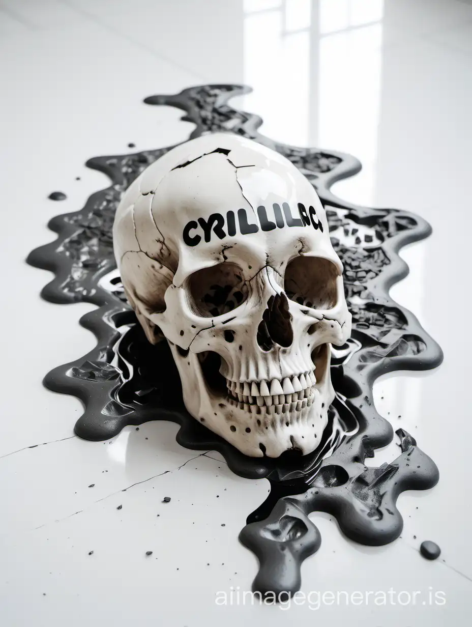 A skull melting on a white floor, background made with fragments of Cyrillic alphabet