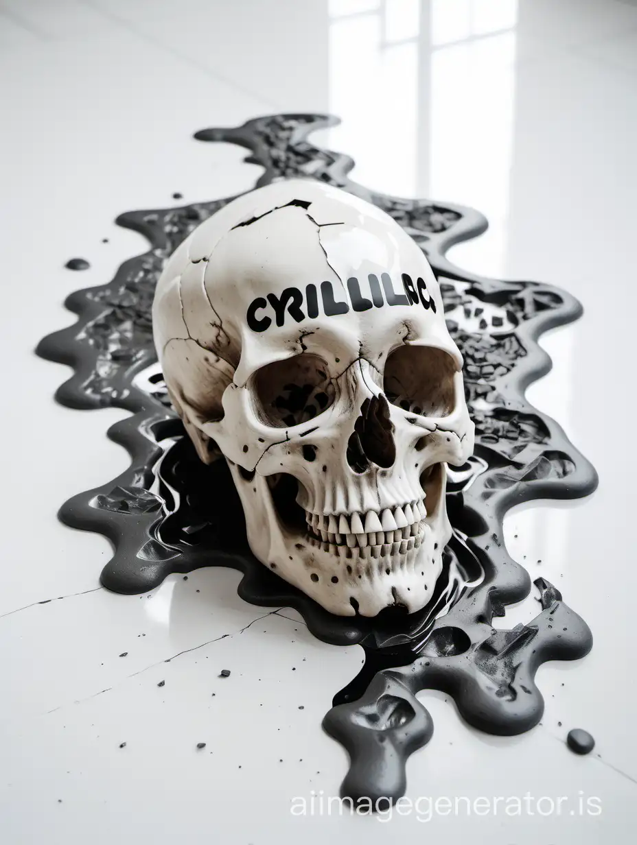 A skull melting on a white floor, background made with fragments of cirilic alphabet 