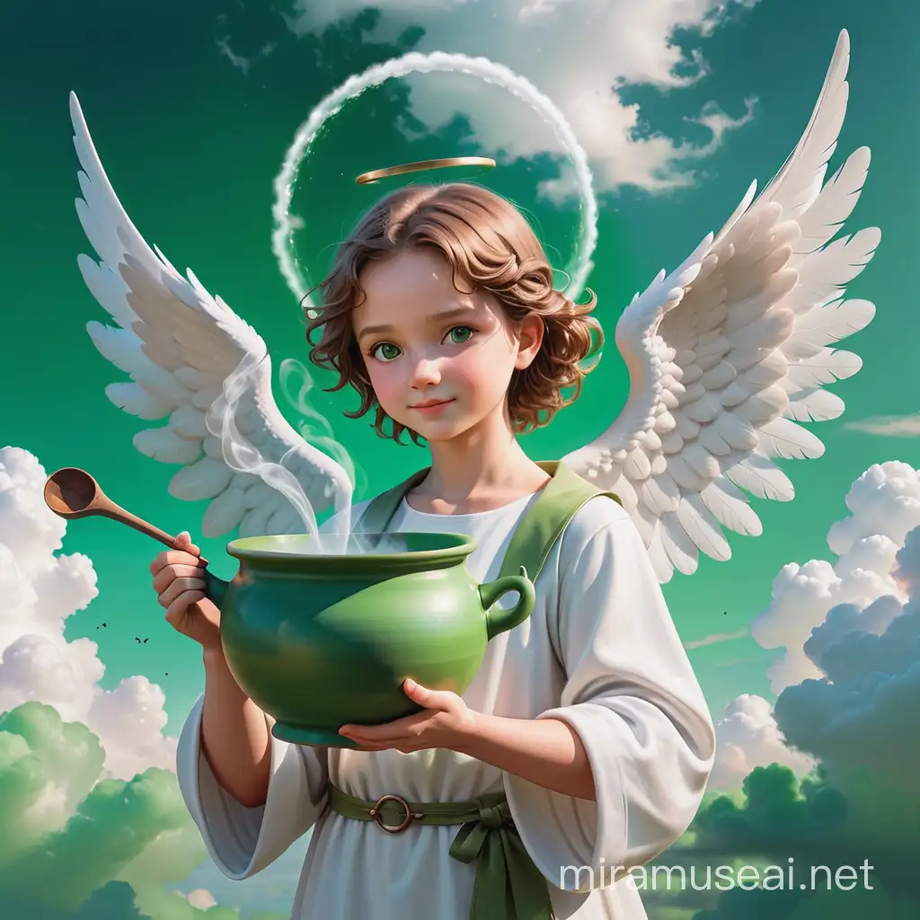 make an angel holding a pot in his hands with clouds on the background of green tones in 