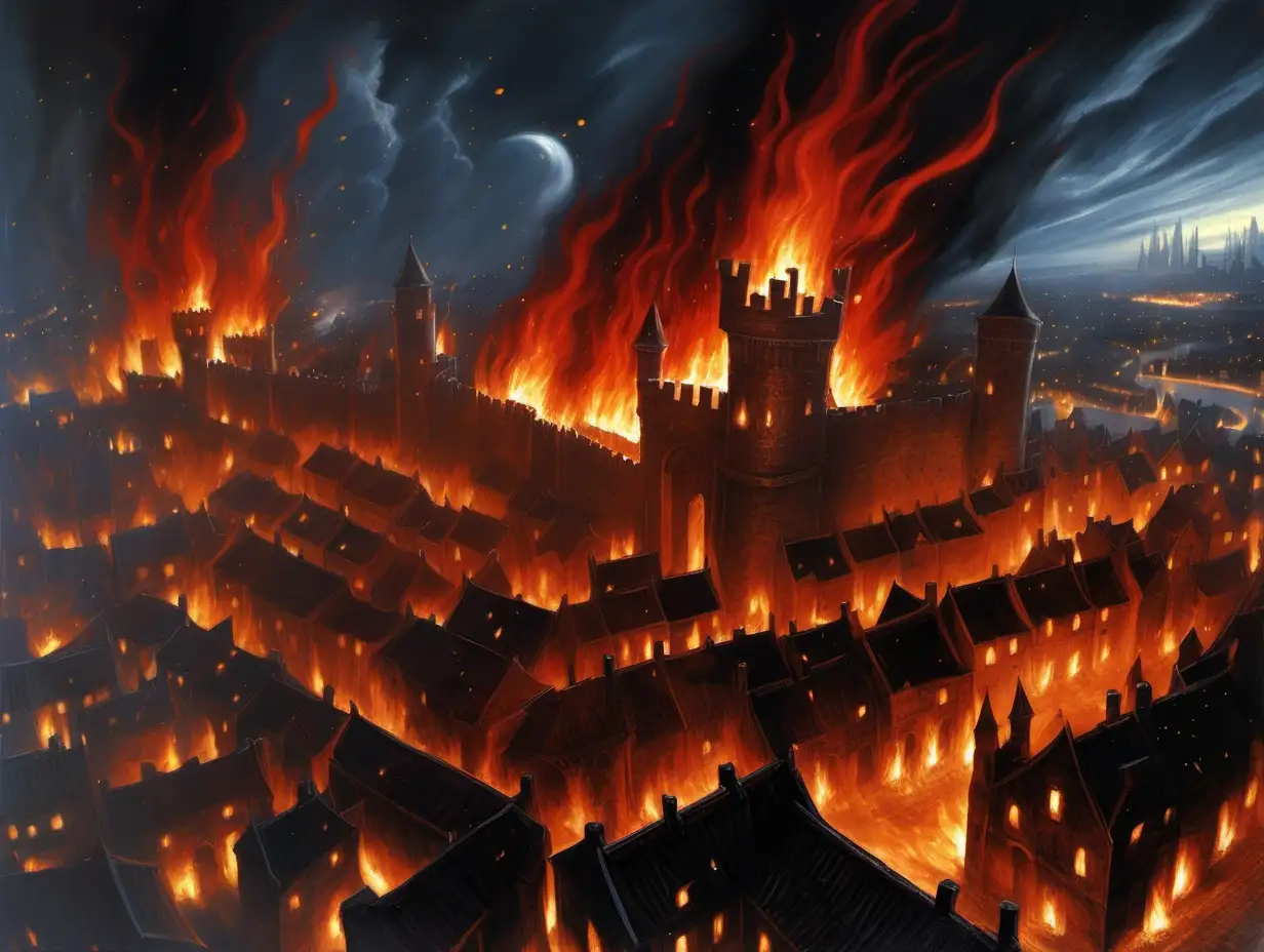 walled city under siege, flaming projectiles in the sky, flaming arrows, night, Medieval fantasy painting, MtG art