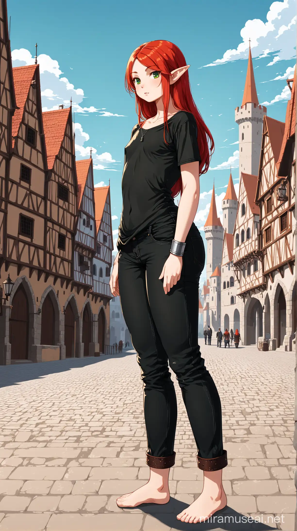 character portrait, full body, front view, (low perspective: 1.5), redhead, red hair, long hair, (green eyes:1.2), pointed ears, (flat chest: 2), 1girl, female, solo, sexy, standing, T-Shirt, jeans, black shirt, black jeans, oversized shirt, medieval, city background, medieval city, big butt, thick thighs, long shirt, long pants, flat, (black pants: 1.2), silver wristband, (big ass: 1.2), barefoot