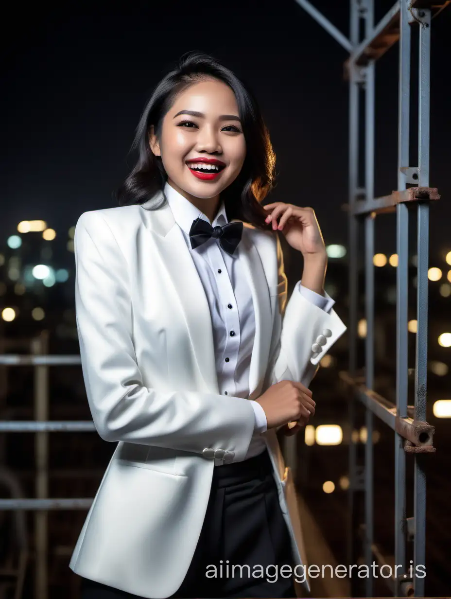 A stunning and cute and sophisticated and confident indonesian woman with shoulder length hair and lipstick wearing a white tuxedo with a white shirt with cufflinks and a (black bow tie) and (black pants), standing on a scaffold facing forward, laughing and smiling.  She is relaxed. It is night.