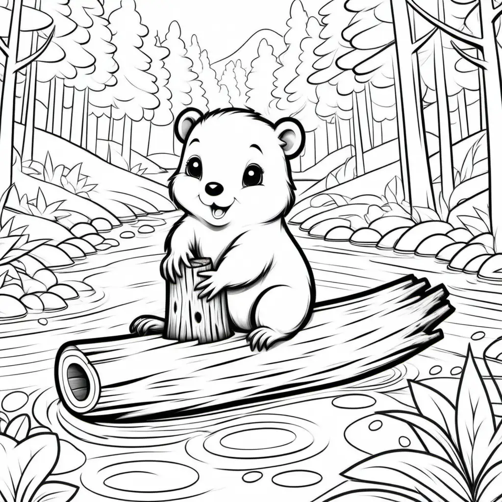 Kawaii style coloring page with a cute and adorable baby beaver with a log floating down a river with trees