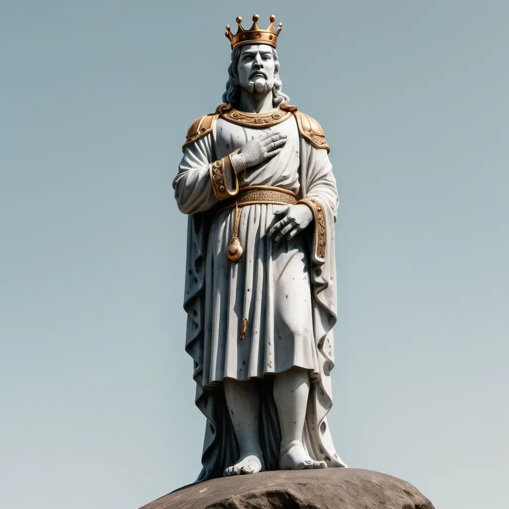 Aesthetic king statue waiting someone on a rock, standing, looking right side, hands behind back,  plain background