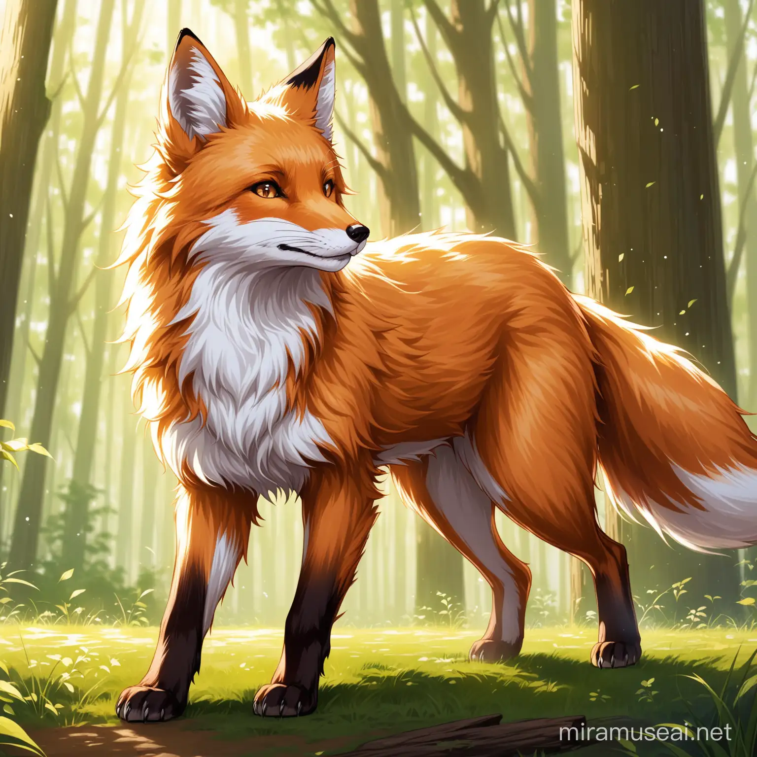 An Adult Fox is a majestic creature, boasting a sleek coat of russet or silver fur, often adorned with white highlights. Its eyes gleam with intelligence, reflecting the cunning and adaptability that define this creature. Standing at around three feet tall and weighing between 20 to 30 pounds, an Adult Fox moves with a graceful agility that belies its strength. Its lithe body is built for speed and agility, making it a formidable hunter and elusive prey.