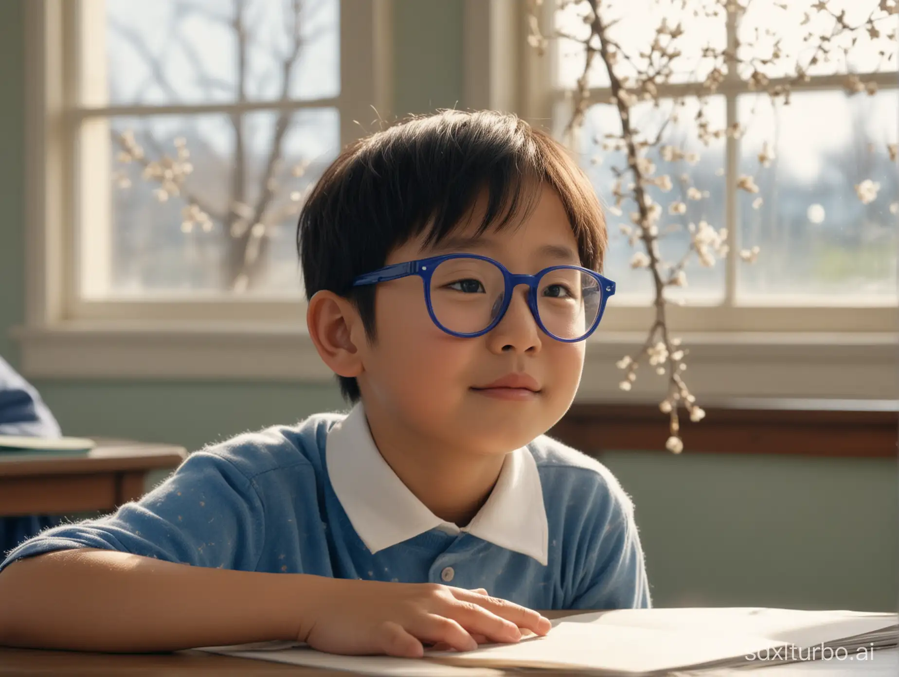 A short hair little Asian boy sits in the classroom by the window. wearing blue glasses, He turns his head to look outside, where a 1997 spring scene unfolds: willow branches sway and swallows frolic in the sky