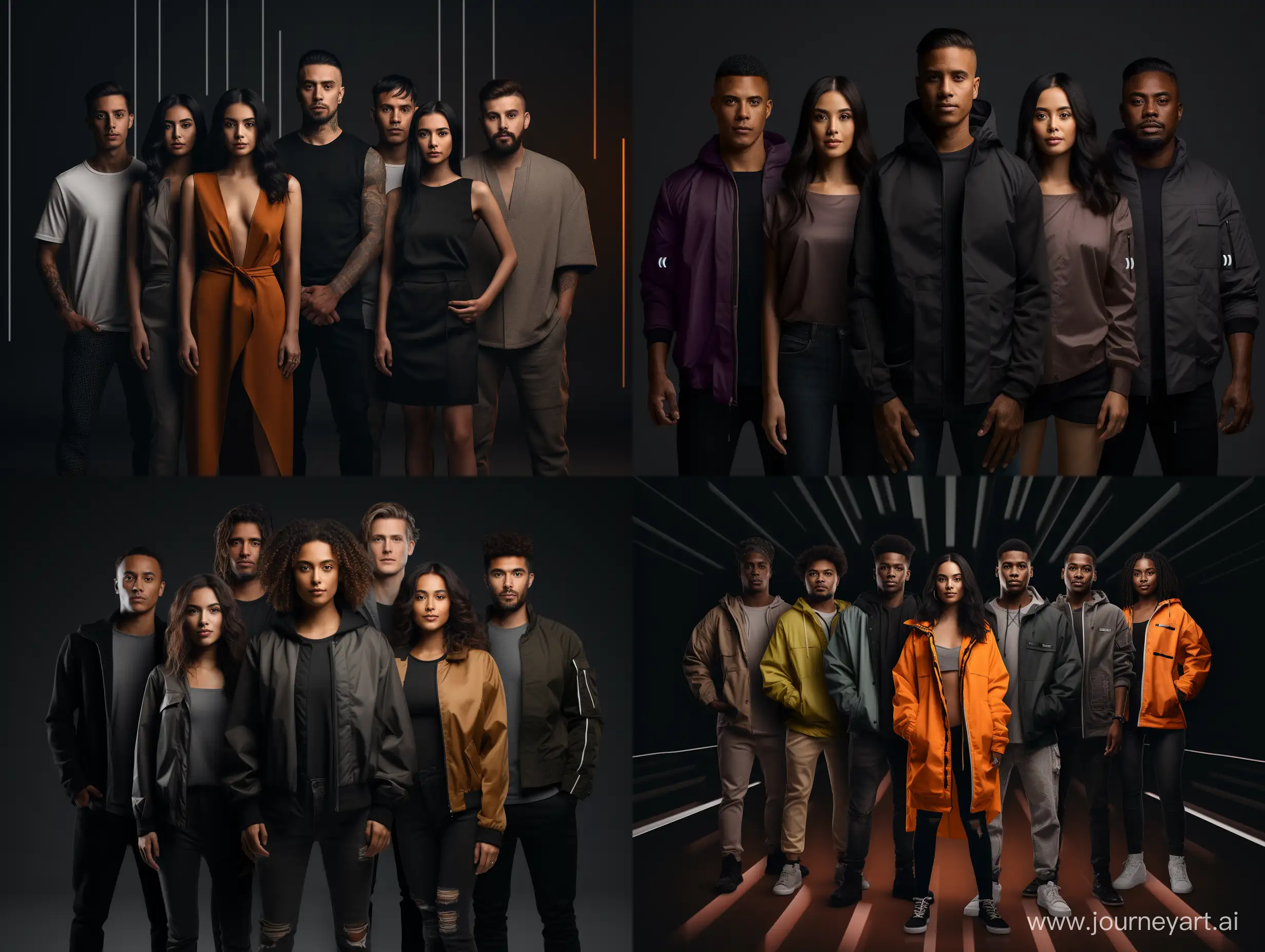 a group of people standing next to each other, affinity photo, luminar ai, trending on pexels, grid of styles, dark mode, images on the sales website, clothing concept, dark-toned product photos, realistically rendered clothing, curated collections, photoshop collage, trending on r/techwearclothing, pinterest render, fashion model features, stacked image