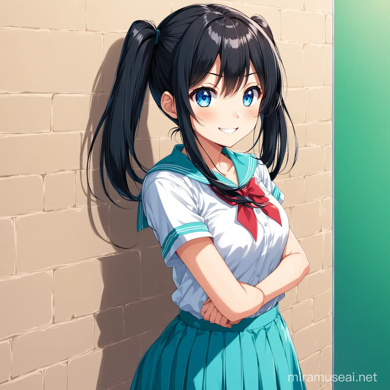 17 years highschooler anime girl black hair,blue eyes, twintail, standing against a wall waiting for someone. mischievous smile 