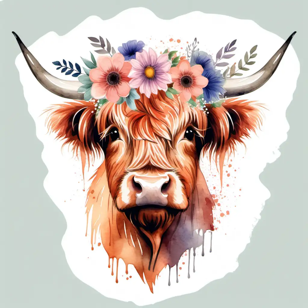 Watercolor Highland Cow Head with Floral Accents