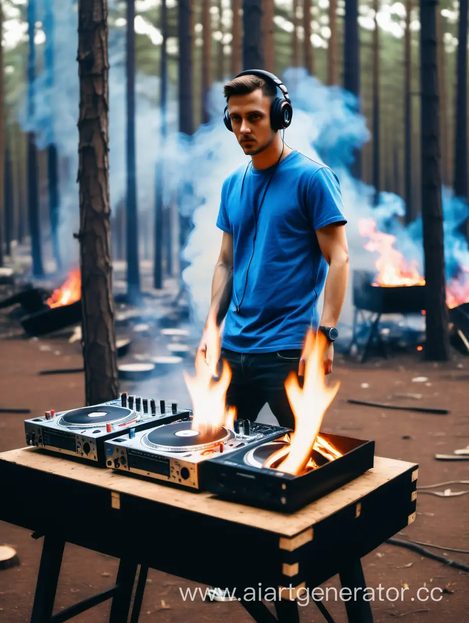 DJ-Mixing-Music-by-Bonfire-in-Forest-Setting