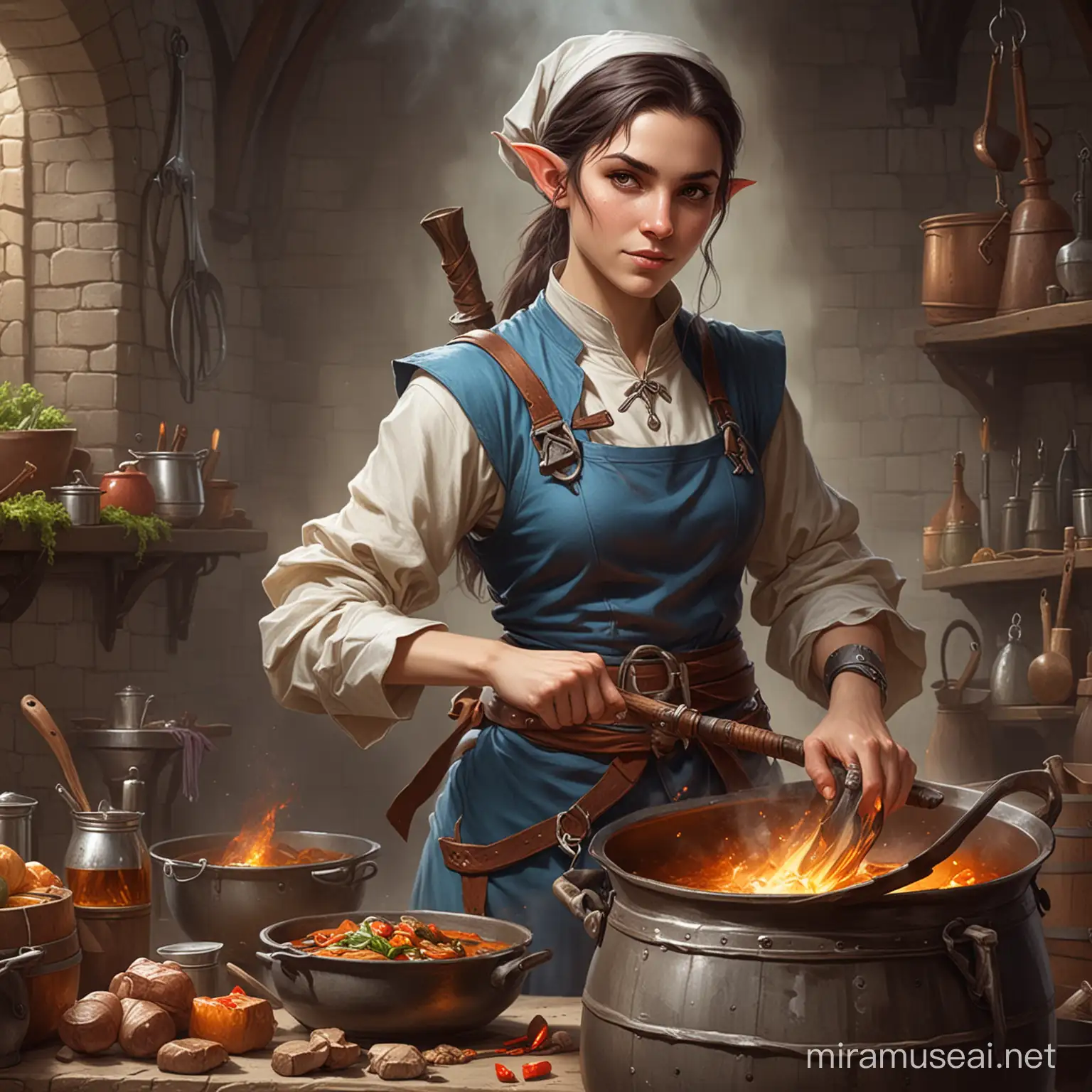 HalfElf Androgynous Cook with Cooking Pot and Mace DD Character Art