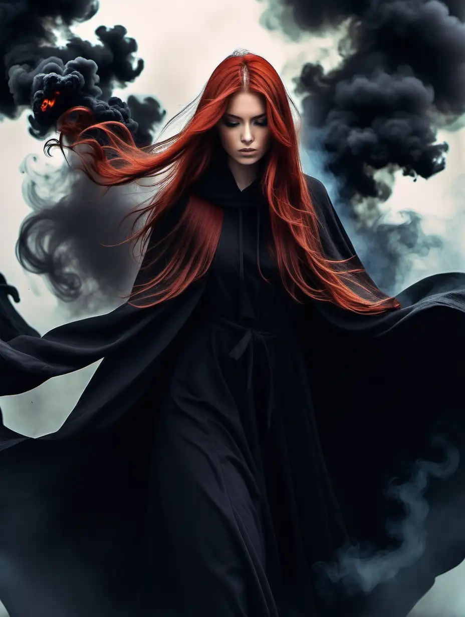 A beautiful cloaked red haired girl, long hair, wielding black smoke. 