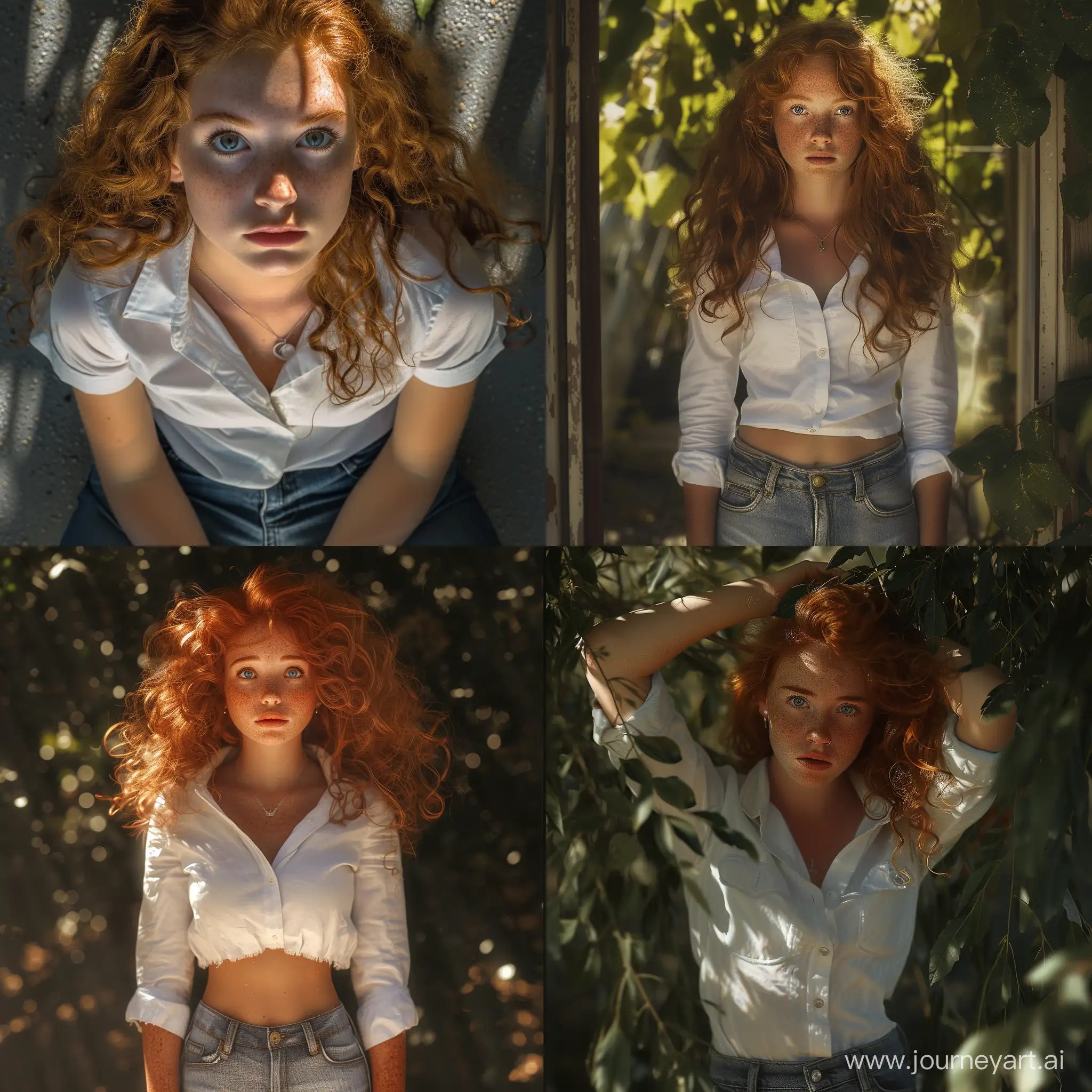 masterpiece, best quality, 8k, detailed, intricate, realistic),outside,dappled sunlight,1girl, claughing, red hair, curly hair, lana mommy,freckles,mature female,bright pupils, white shirt showing , jeans,