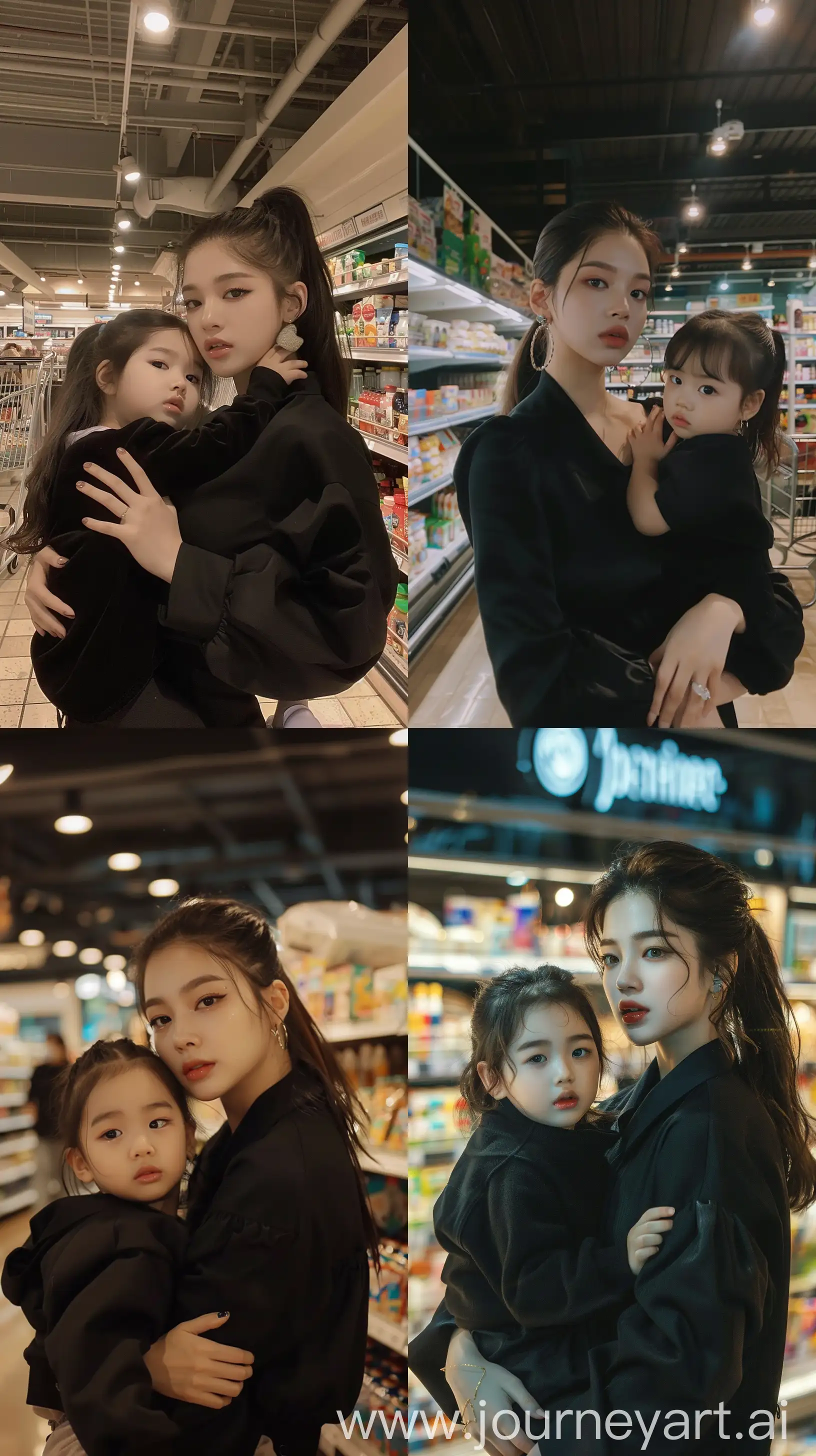 blackpink's jennie holding 2 years old  girl, facial feature look a like blackpink's jennie, wearing black outfit, night times, aestethic make up,hotly elegant young mom, profile,inside a grocery store --ar 9:16 