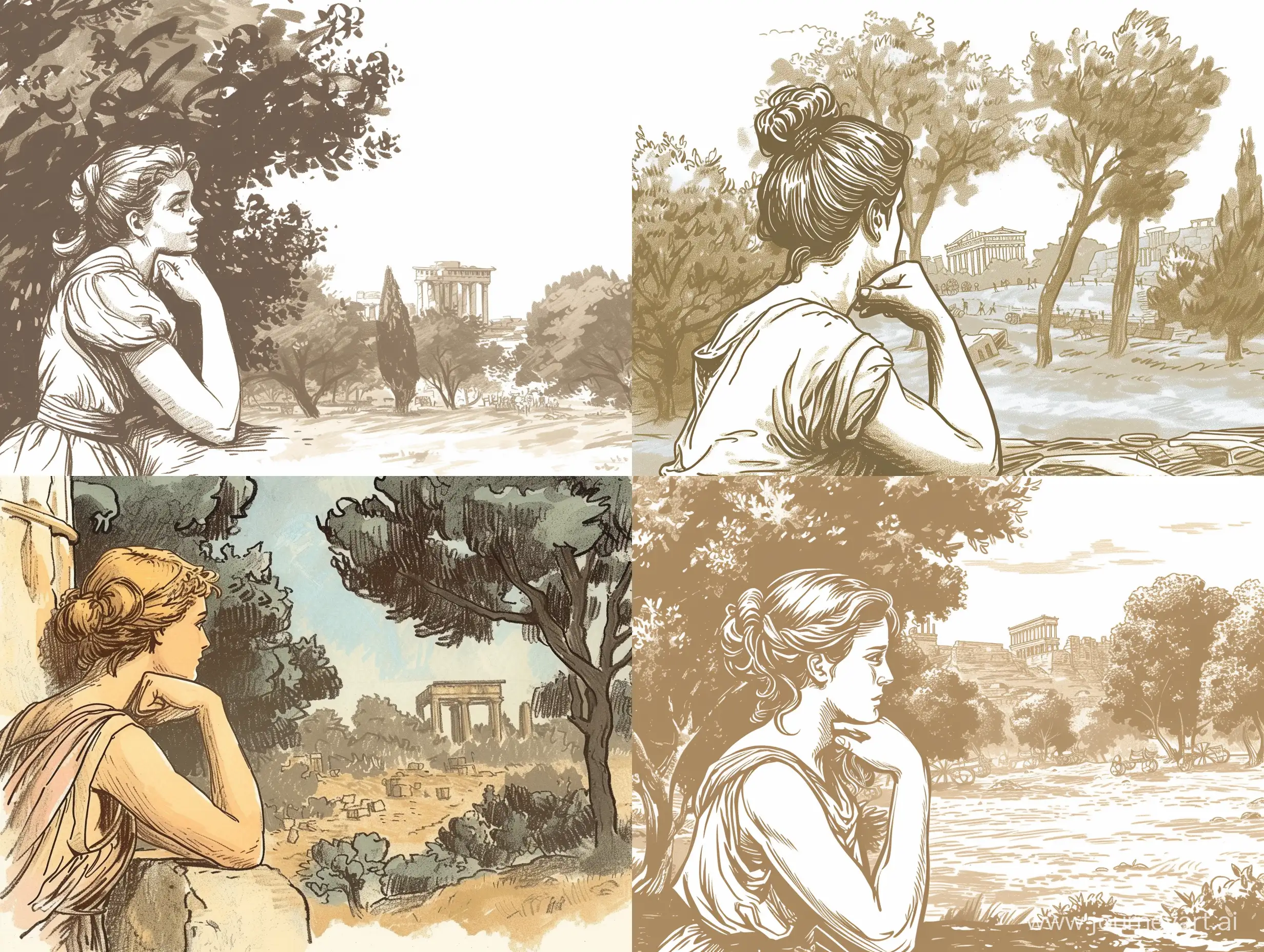 Draw me a Greek girl thinker in the style of Eugène Delacroix, leaning on her chin, who is pondering something great. Behind her back, the trees sway welcomingly and the ruins of old buildings are barely visible on the horizon. It is sunny outside, and in places the dust from passing chariots is kicked up.