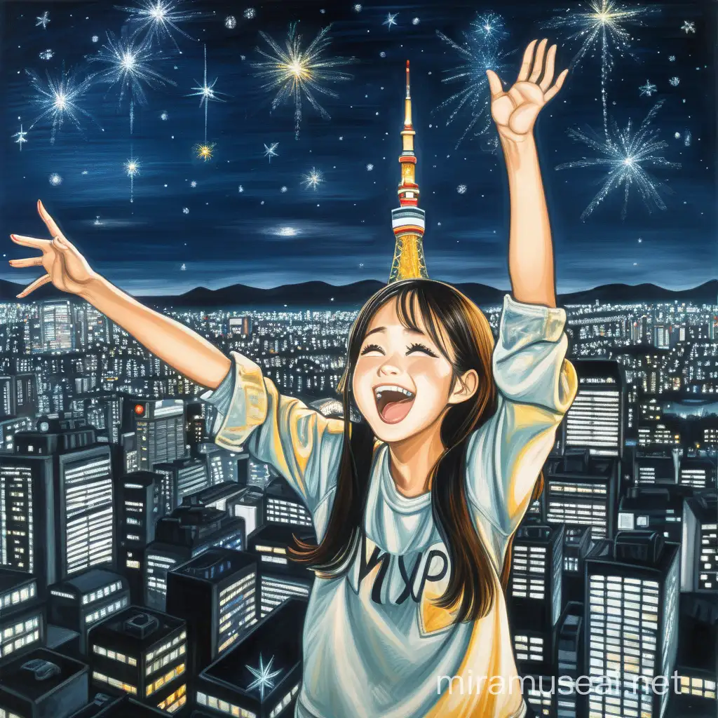 One cute Asian young adult, wearing casual 2000's outfits, her hands are up like reaching the sky, the expression is laughing, she is an INFP so make sure able to express her carefree and confident attitude. The background is skyscaper at Tokyo, The sky is night with bit of stars, Landscape. Best quality. Painting. Drawn by Van Gogh.

