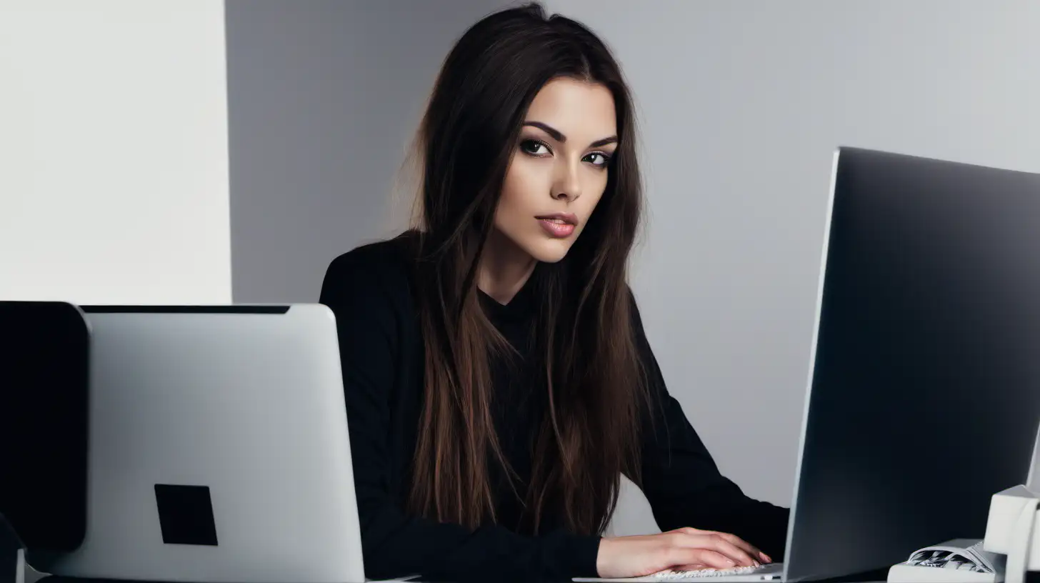 brunette female model sitting at computer
