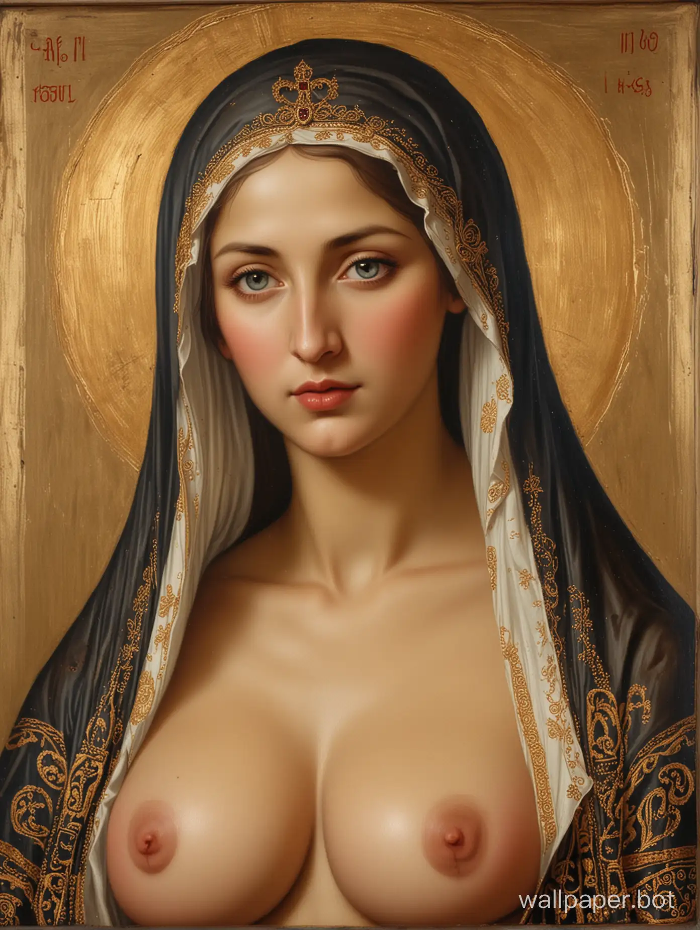 Our Lady of Kazan, portrait 1:4, orthodox icon, iconography, very big boobs, partially nude,  best quality, nsfw, open clothes 