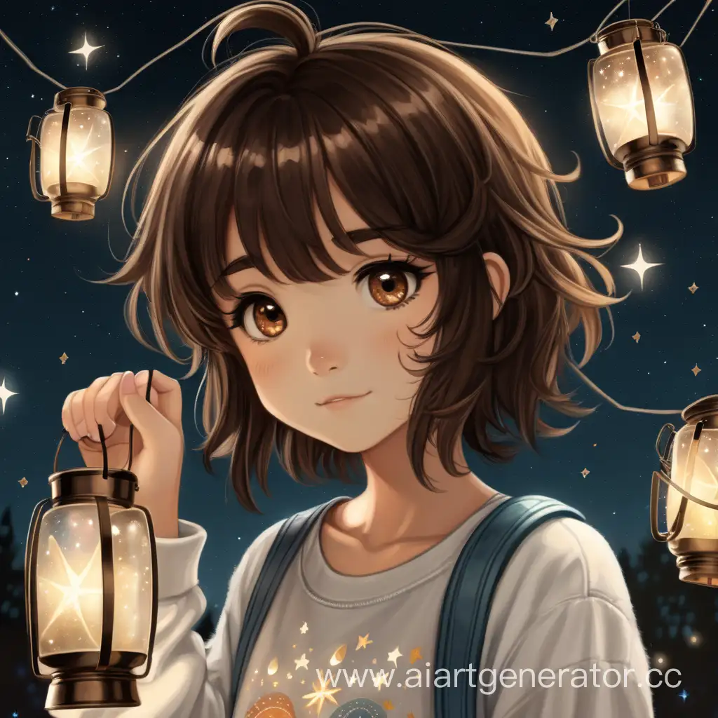 cute girl with dark brown hair in a shaggy style, with brown eyes, has stars in her hair, wearing a white shirt with long sleeves with lanterns.