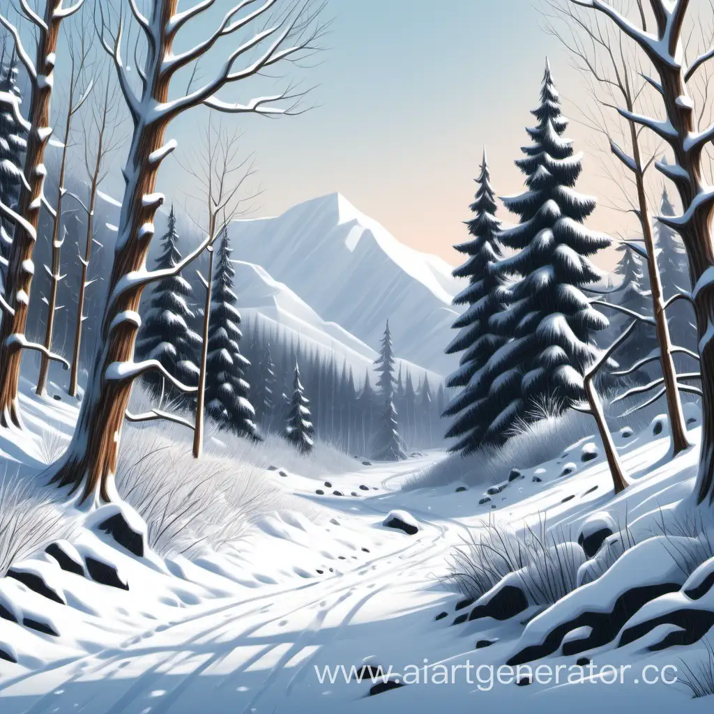 Нарисуй лесной снежный пейзаж: редкие деревья в снегу и несколько кустов реалистичнее, на ровной поверхности, деревья ближе, больше снега. Деревья ближе.