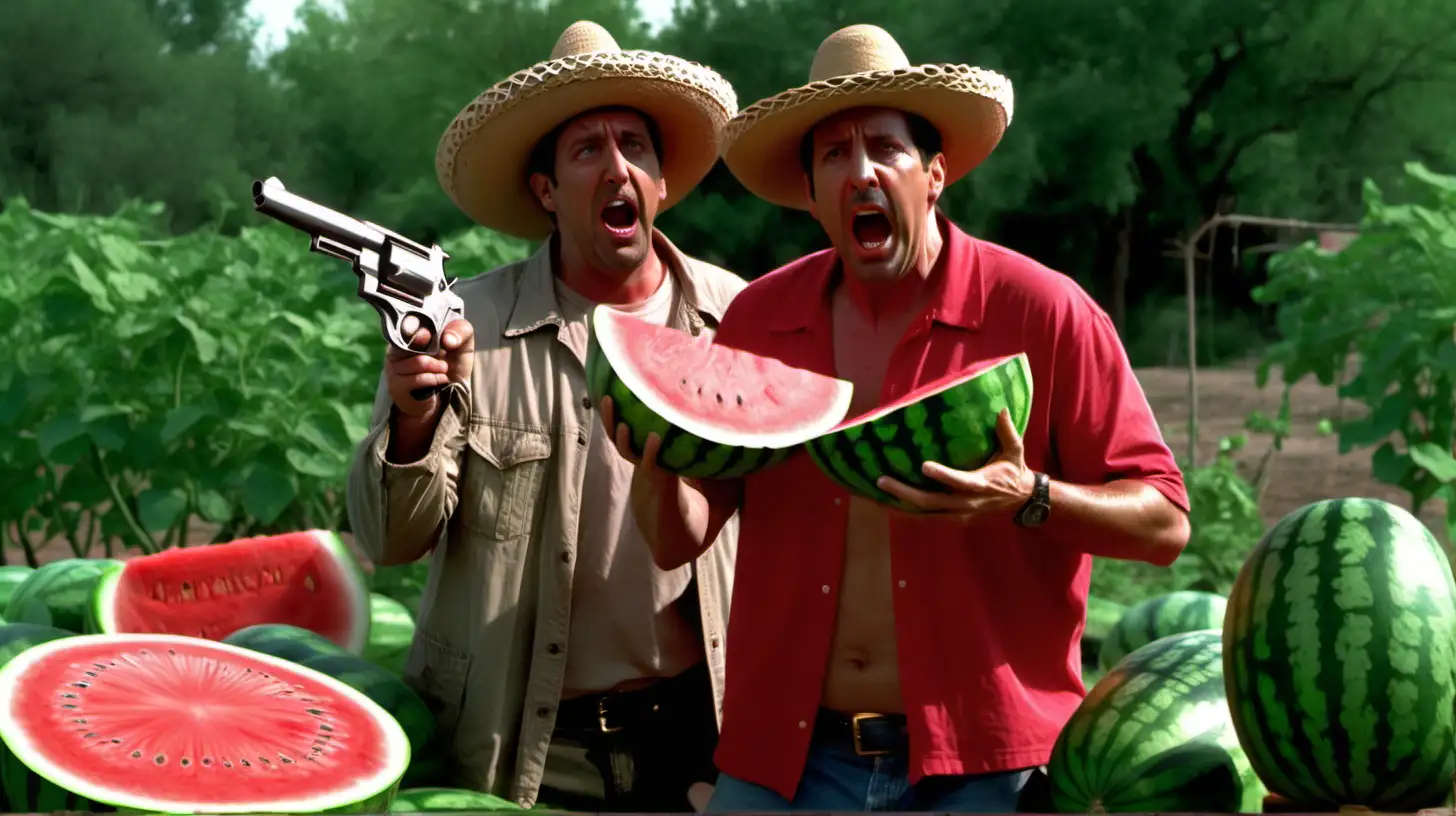 Adam Sandler eats watermelons outside a watermelon garden and eating some veggies and fruits and is wearing a mexican sombrero and jim carrey is trying to steal some watermelons too but adam sandler screams at him and has a small revolver gun and they both argue, 
 with camera 35 m, wide Ultra HD, V6.0