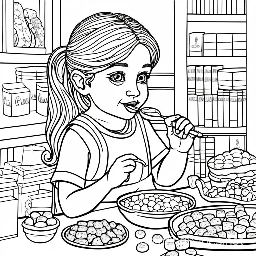 Avya eating Godiva
, Coloring Page, black and white, line art, white background, Simplicity, Ample White Space. The background of the coloring page is plain white to make it easy for young children to color within the lines. The outlines of all the subjects are easy to distinguish, making it simple for kids to color without too much difficulty