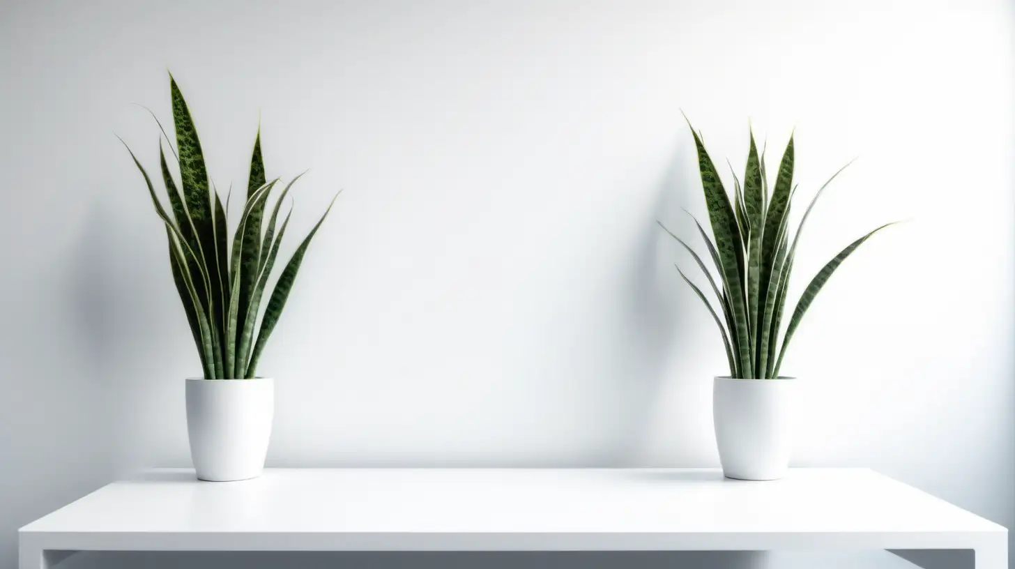 Empty white clear wall. Working desk in front of the wall. Two the same snake plants, one on the left and one on the right. Futuristic, minimalistic, artistic. Closer to the wall. Closeup. Long desk closeup.