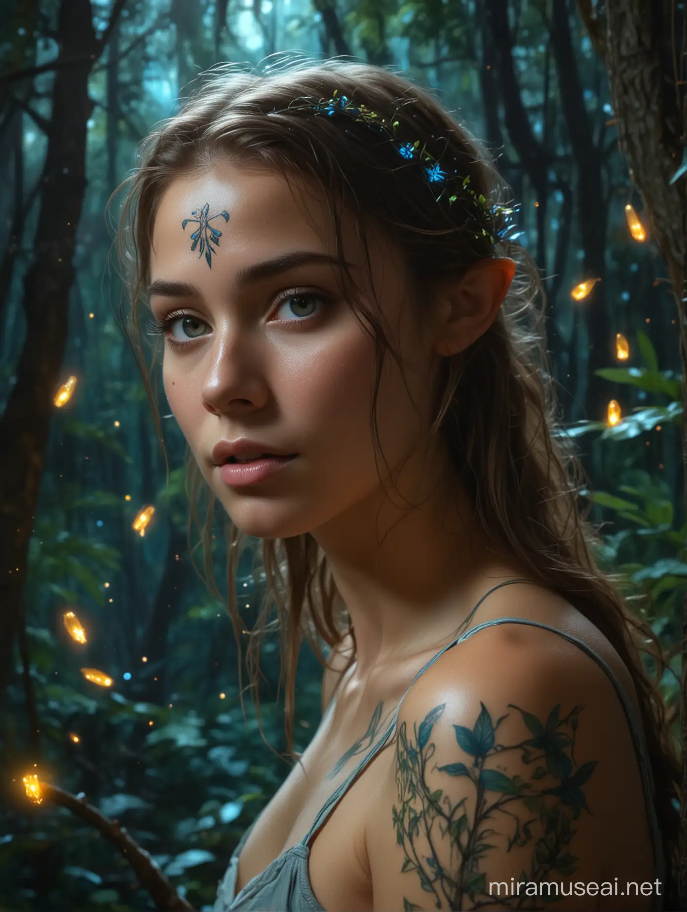 Jungle girl with Tattoo at bioluminescent glow beautiful cute elven from lord of the rings, enchanted forest with fireflies background, in the style of candid, natural lighting, light-focused, amateur shot. dynamic Neon lighting, Oil painting, Baroque style