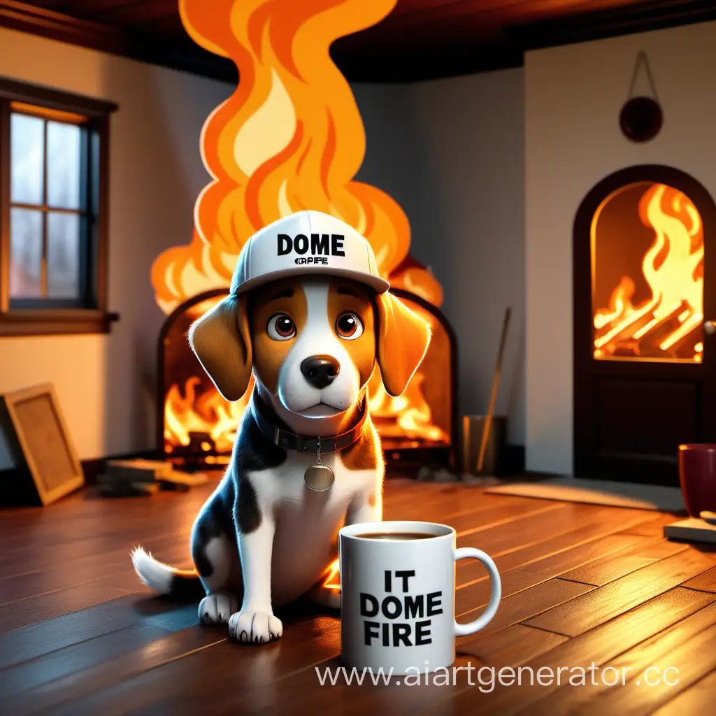 A cartoon dog in a hat sits in a house that is on fire. The dog is calm and peaceful. There is a mug of coffee next to the dog, it hasn’t been finished completely. The mug says "Dome". A high resolution. Detailing.