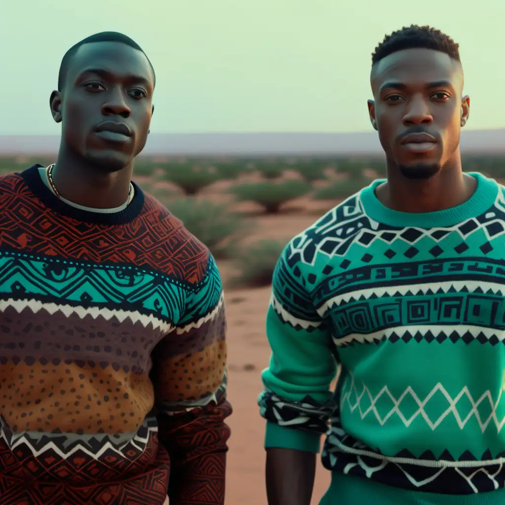 2 Handsome Black men one light skinned and the other dark skinned, wearing African print sweaters, and pants, close up, wide angle, standing face to face in the dessert, A distant city in africa in background, Break of Dawn sky in the distance Ultra 4k, high definition, 1080p resolution, lighting is volumetric with a light greenish teal hue