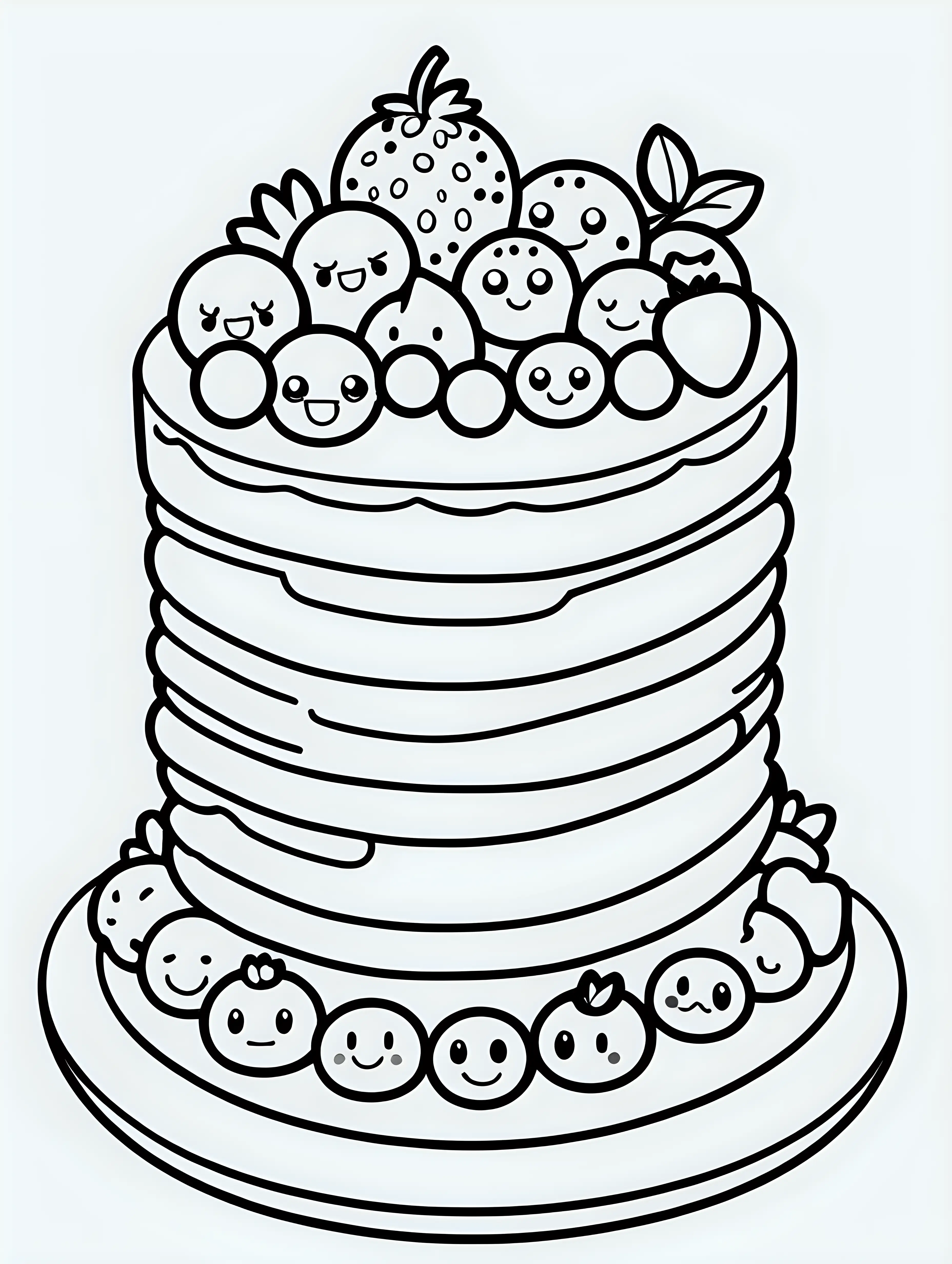 coloring book, cartoon drawing, clean black and white, single line, white background, cute berry cake, emojis