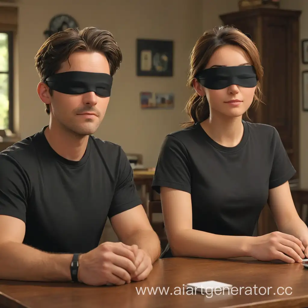 мультяшный мужчина и женщина в черных футболках сидят за столом напротив друг друга с завязанными глазами