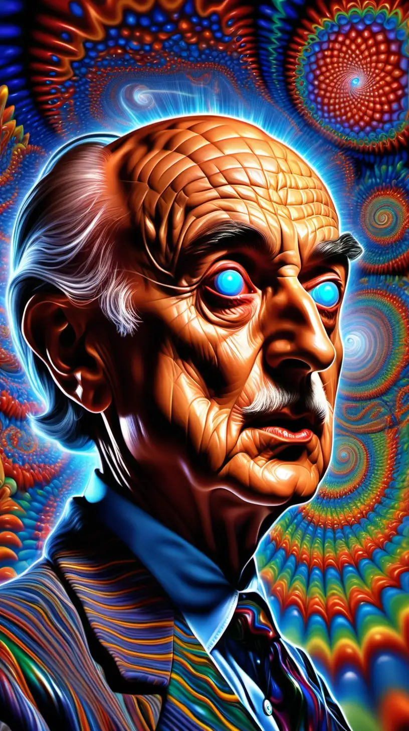 Artistic Image Types: Surreal Digital Illustration portraying Albert Hofmann under the influence of LSD, hallucinating in his lab, vivid swirling patterns in his eyes, tongue out, surreal atmosphere conveying the psychedelic experience, Inspirations from Alex Grey and Salvador Dali, Medium Shot, Cinematic Render, Dramatic Lighting