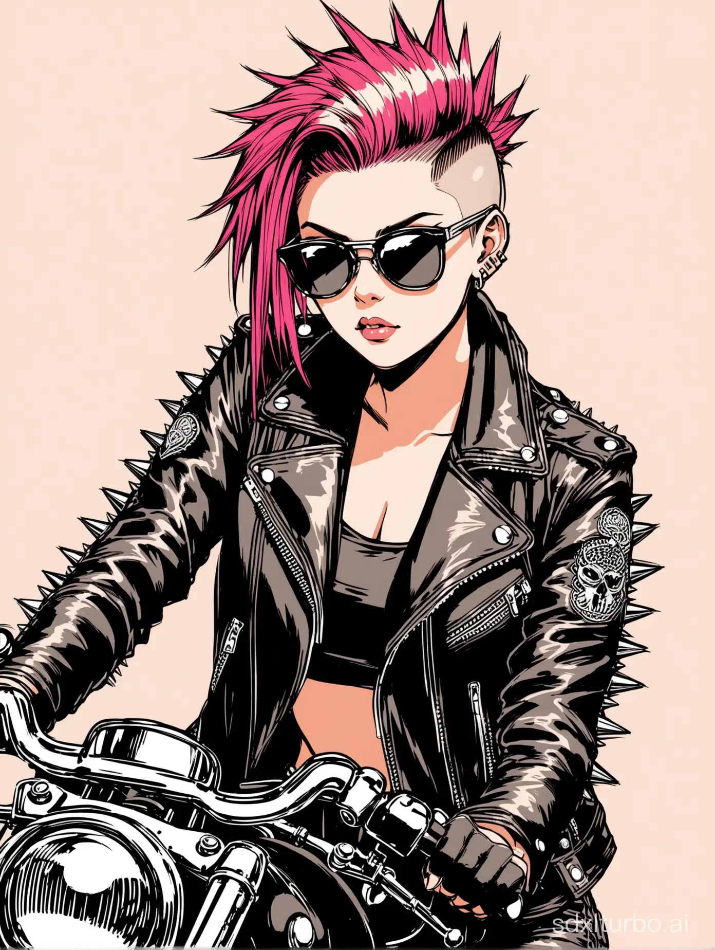 art, drawing, beauty drawing on paper with felt-tip pens, girl, shaved temple hair, undercut hair, mohawk, wearing a leather jacket, with spikes, sitting on a motorcycle, coolness, Pathos posing, stange eyes, sunglasses are slightly lowered, beautiful, aesthetetic