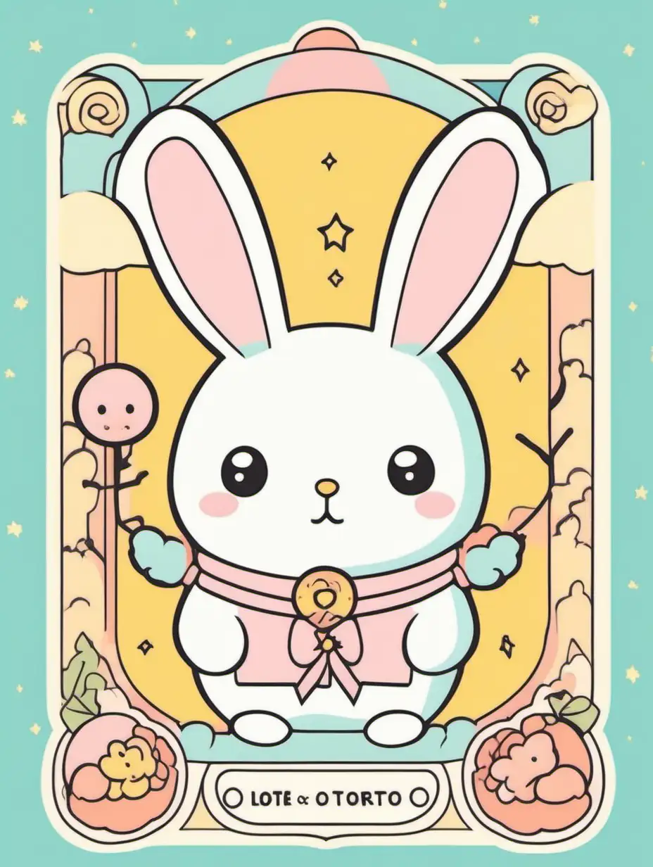 STYLE: flat vector illustration | SUBJECT: cute rabbit | AESTHETIC: super kawaii, vintage tarot card, bold outlines | COLOR PALLETTE: pastels | IN THE STYLE OF: Sanrio, Gudetama and Lotte — niji 5 — s 50