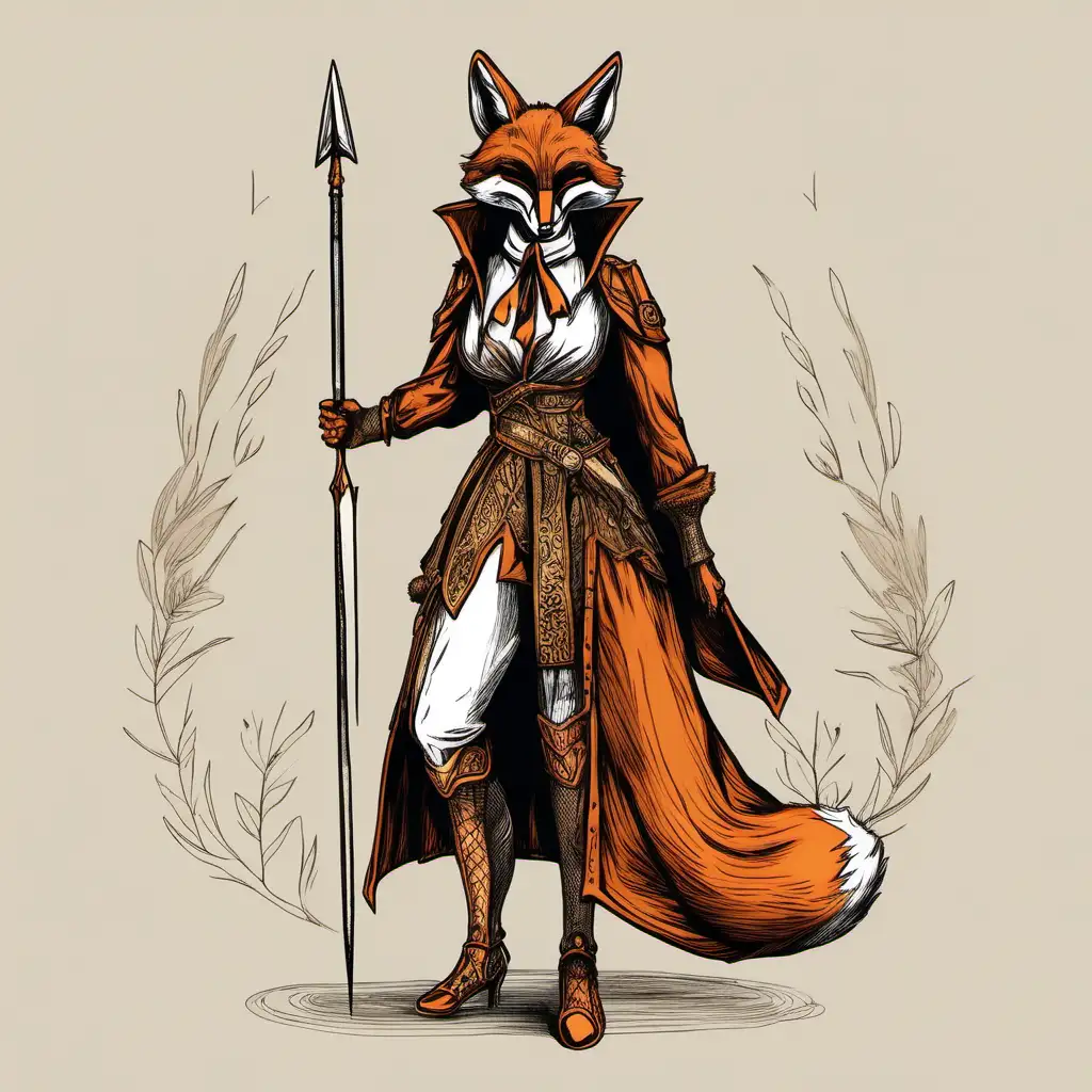 Noble woman duelist wearing a fox mask with a spear in a hand drawn style