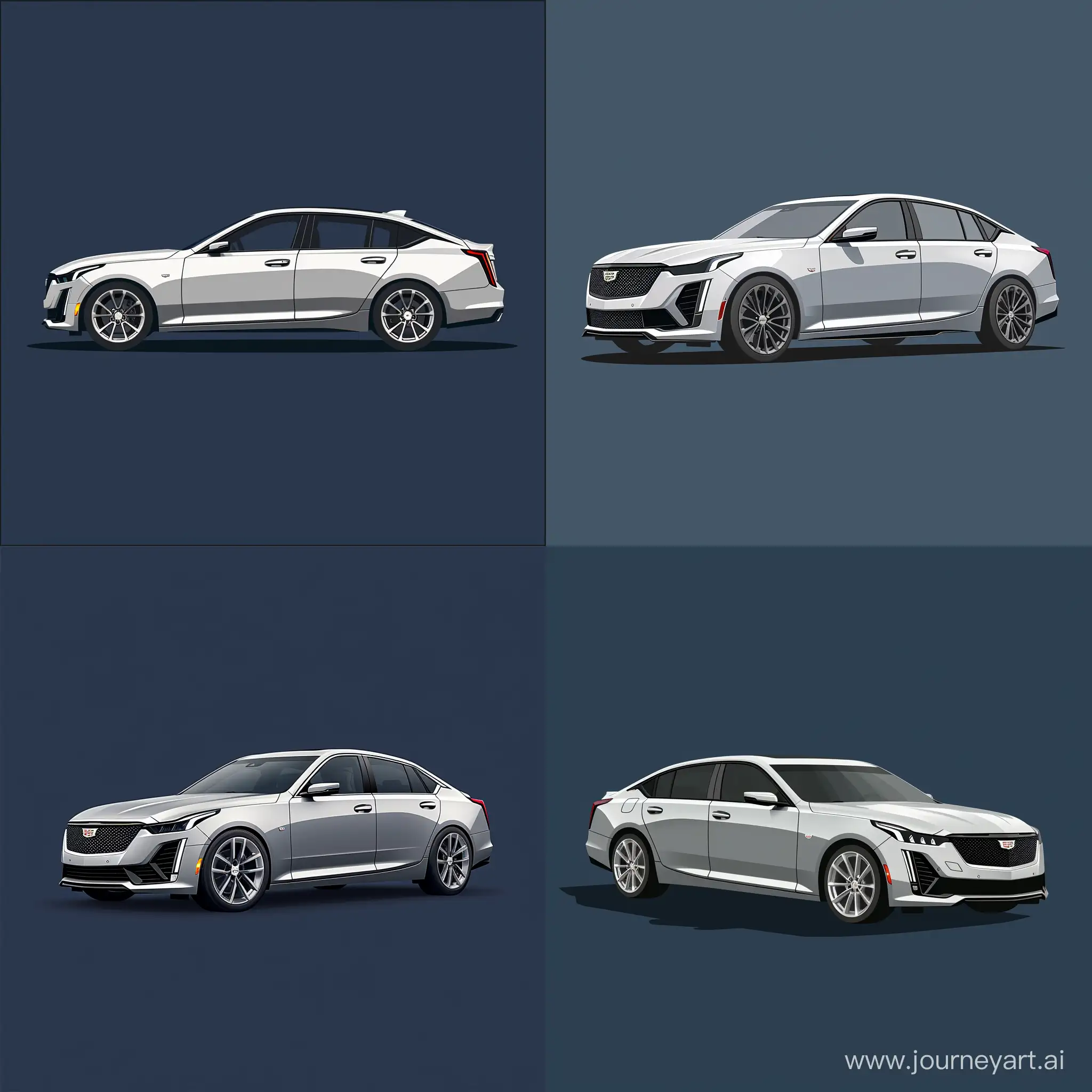Minimalist 2D Car Illustration at 30° angle of: Silver Cadillac CT5, Simple Navy Blue Background, Adobe Illustrator Software, High Precision