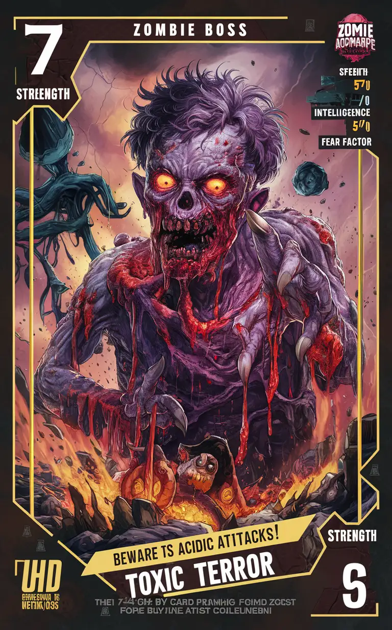 "Anime Zombie Apocalypse trading card featuring 'Toxic Terror' include name"Toxic Terror" crisp zombie text with stats like Strength: 7/10, Speed: 5/10, Intelligence: 6/10, Fear Factor: 7/10.  Toxic Terror is a mutated zombie boss oozing with toxic slime. Its mere presence contaminates the area, corroding anything in its path. Beware its acidic attacks! Premium 14PT card stock, artwork by Mike "Nemo" Anderson, UHD visuals, chaos theme, marketed by 'Zombie Apocalypse network.'"
