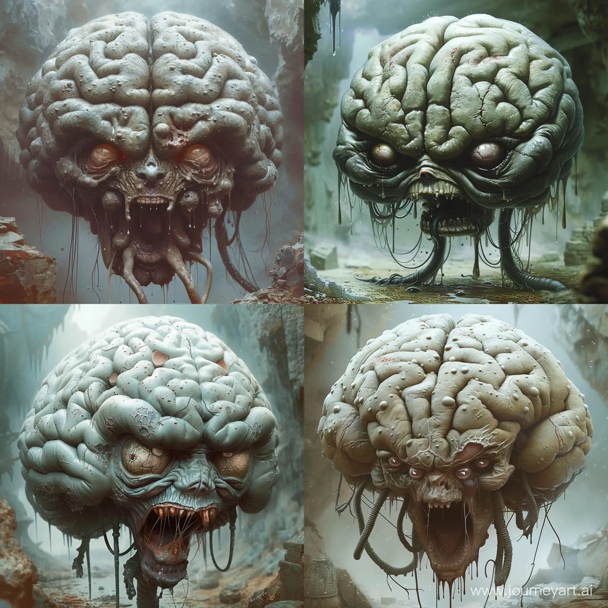 a grotesque and highly detailed fantasy or horror creature. It appears to be a monstrous version of a brain-like entity with several anatomical and otherworldly characteristics:

The creature's head is oversized and reminiscent of a human brain, with many folds and textures that suggest grey matter.
The surface of the "brain" also has numerous pustule-like structures, which give it an unsettling, diseased appearance.
The entity has two eyes that are glaring forward. These eyes have humanoid features but look bloodshot and ferocious.
Below the eyes, there's a wide, gaping mouth, lined with sharp, irregular teeth. The mouth is open as if the creature is growling or screaming.
Stringy, saliva-like strands are visible dripping from the mouth, adding to the visceral and disturbing character of the image.
Several tentacle-like appendages, resembling oversized brain convolutions or worms, extend from the base of the head, suggesting that the creature may move or manipulate objects with these.
The background is blurry, but it seems to be an environment with a cold and damp atmosphere, possibly a dungeon or cave, which complements the horror aesthetic of the creature.
Overall, the image is likely designed to create a visceral and unsettling effect, and could be concept art from a horror game, movie, or another piece of speculative fiction. The image is rich in texture and detail, emphasizing the grotesque and surreal nature of the creature it depicts.