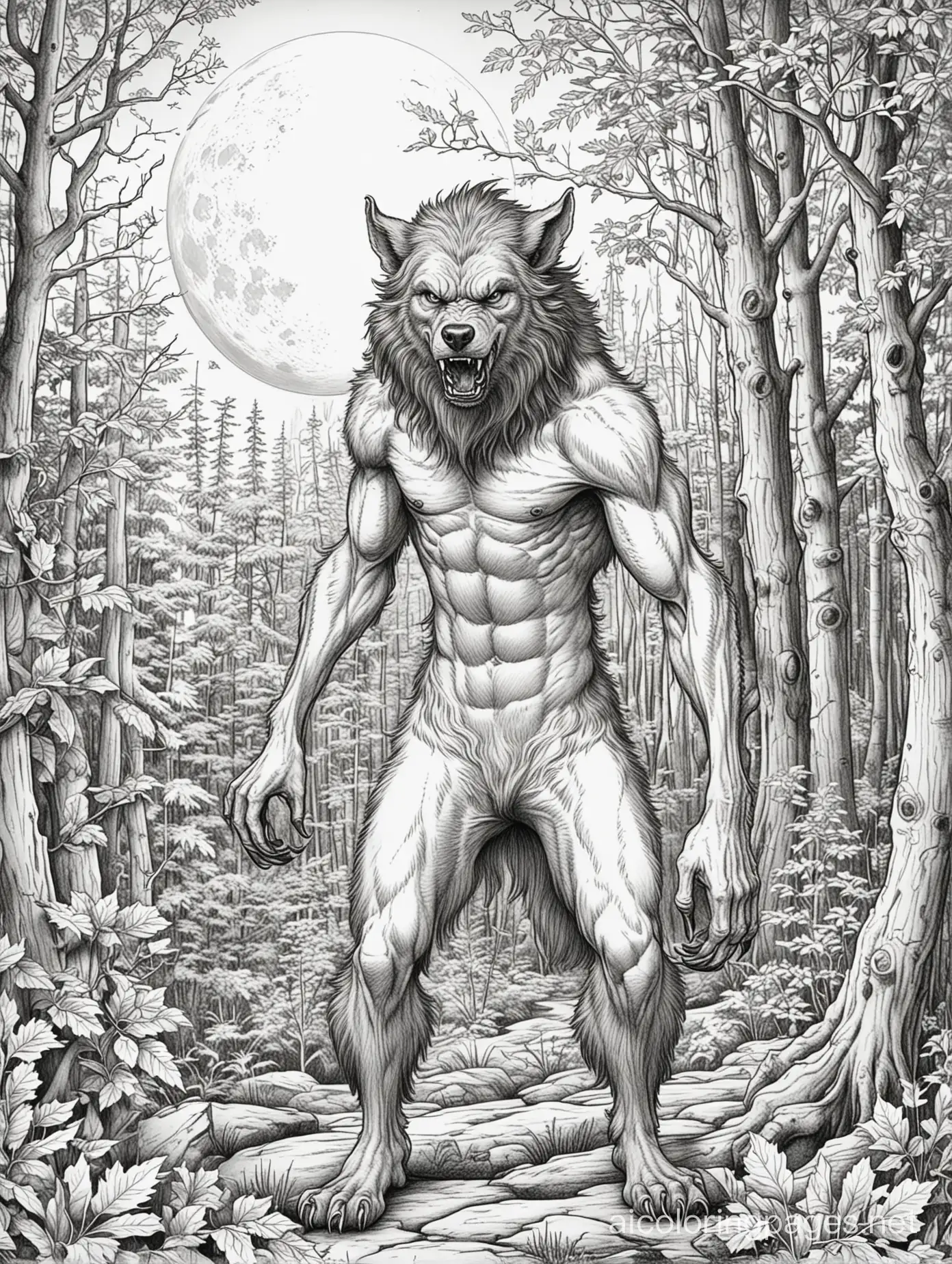 a werewolf in mi transition from human to werewolf. he should be in the woods under a full moon. add small woodland creatures. change his pose., Coloring Page, black and white, line art, white background, Simplicity, Ample White Space. The background of the coloring page is plain white to make it easy for young children to color within the lines. The outlines of all the subjects are easy to distinguish, making it simple for kids to color without too much difficulty