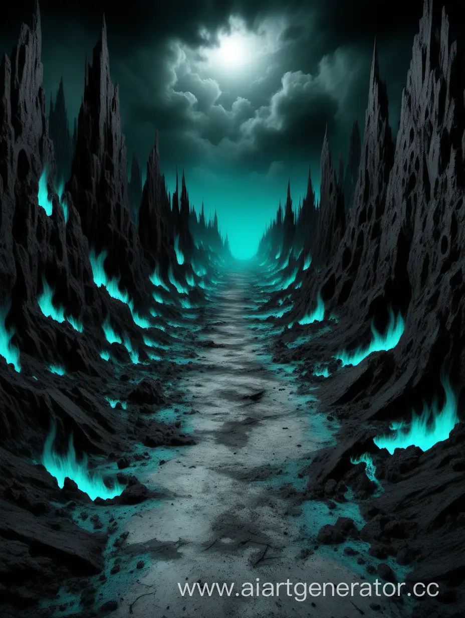 Ethereal-Journey-through-Hell-Abstract-Illustration-in-Black-Gray-and-Turquoise