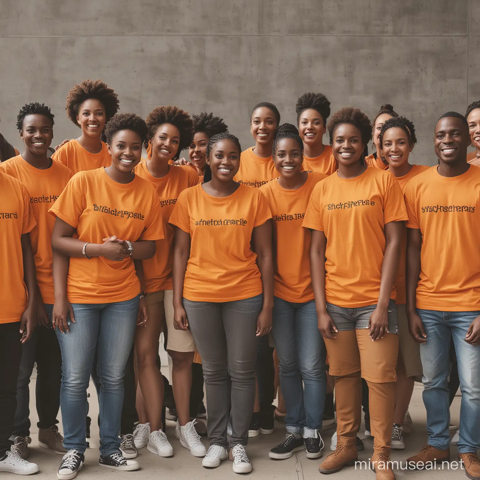 black people standing smiling with orange shirts