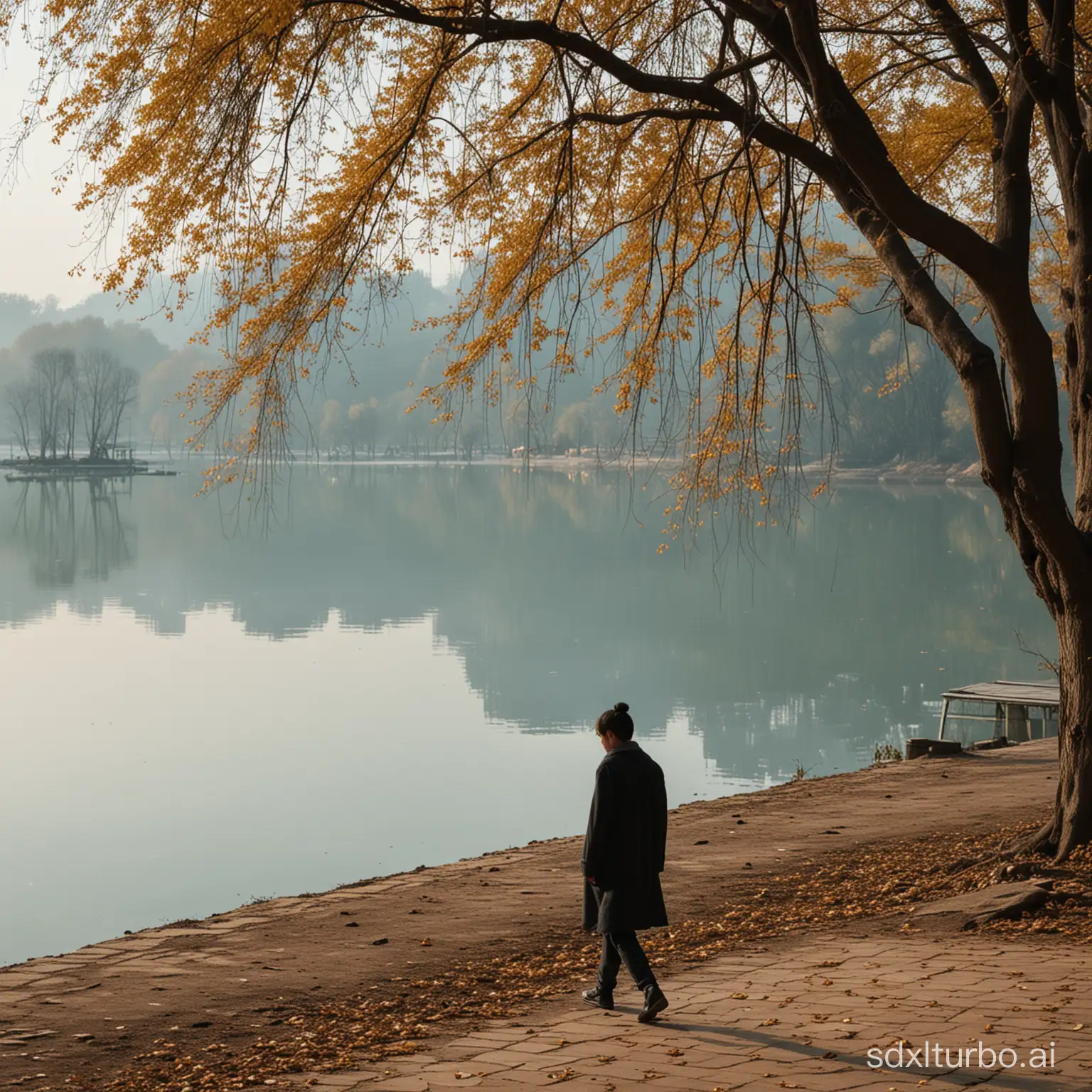 一个忧郁的中国青年在湖边散步