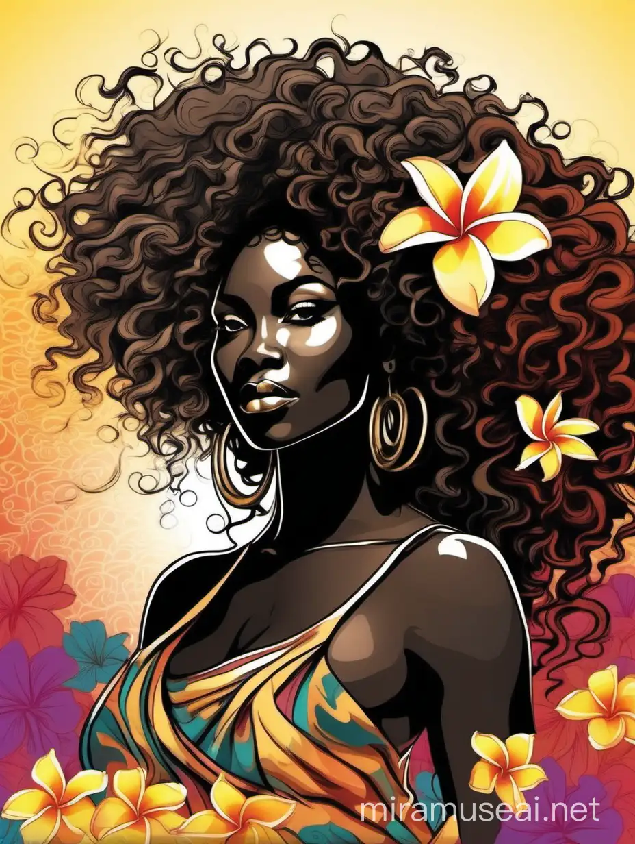 create an silhouette art image of an african curvy female looking to the side with a large mane of curly black flowing thru the wind. 2k prominent make up with hazel eyes. Highly detailed hair. Background of colorful plumeria flowers surrounding her